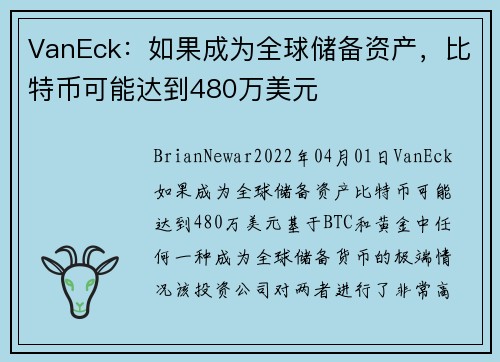 VanEck：如果成为全球储备资产，比特币可能达到480万美元 